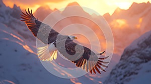 Bald eagle soaring sunset snowy mountains