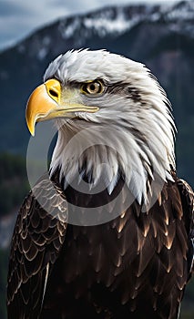 Bald Eagle Standing on a Mountain, Closeup Portrait
