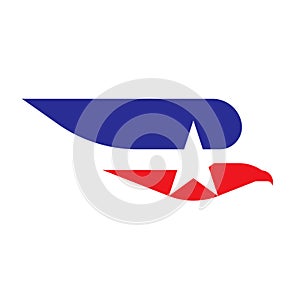 Bald eagle with star. Vector logo mark template or emblem of flying bird in red and blue