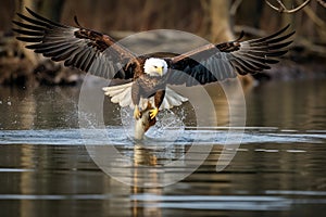 bald eagle swooping down to catch a fish from a river