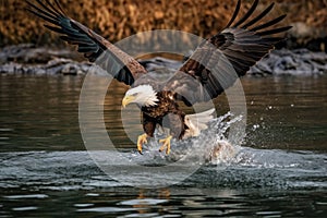 bald eagle swooping down to catch a fish from a river