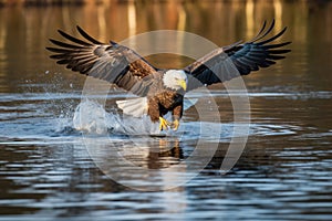 bald eagle swooping down to catch a fish from water