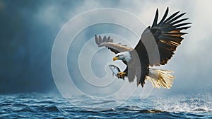 A bald eagle taking flight against a blue sky