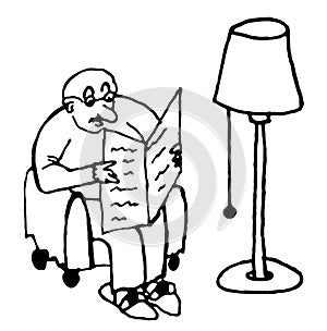 Bald fat man sitting in a chair reading a newspaper under the lamp in the living comic illustration