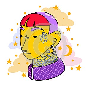 Bald Girl portrait. Rebel woman avatar of punk non conformist with multicolored fringe, nose piercing, skull earrings