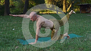Bald Guy Performs Asanas of Yoga, Engages in Gymnastics on the Glade in the Forest