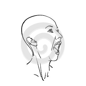 Bald head of screaming girl with wide open mouth