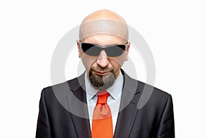 Bald man in dark glasses on white background, isolate, special agent, spy