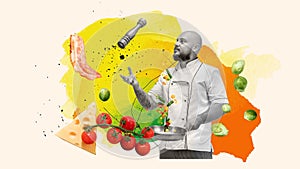 Bald man, restaurant chef making delicious dinner, cooking meat with vegetables. Contemporary art collage.