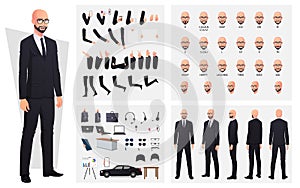 Bald Man Wearing Suit and Glasses Character Creation Set with Hand Gestures, Emotions and mouth Animation Premium Vector