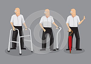 Bald Old Man with Walking Aid Vector Cartoon Character Illustration