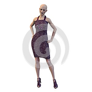 Bald Woman in Maroon Knee-Length Cocktail Dress with Strappy High Heels , 3D Rendering, 3D Illustration