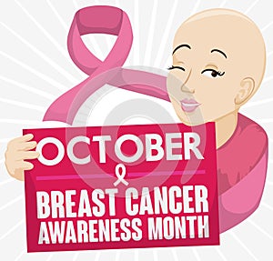 Bald Woman and Pink Ribbon Promoting Breast Cancer Awareness Month, Vector Illustration