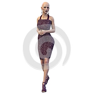 Bald Woman Standing in Maroon Knee-Length Cocktail Dress with Strappy High Heels , 3D Rendering, 3D Illustration