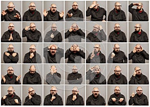 Bald young man with glasses, a set of different emotions