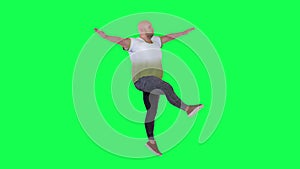 Bald young man stomping from left view on green screen
