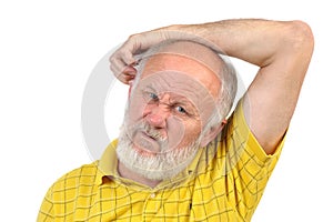 Balding senior man scratching his other ear