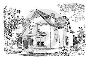 The Baldwin, quaint porch leads to the front door, vintage engraving