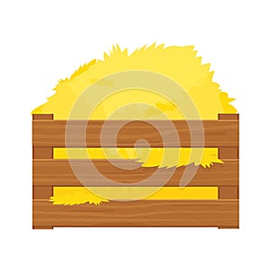 Bale of hay, haystack in wooden box in cartoon style isolated on white background stock vector illustration. Harvest