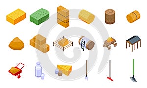 Bale of hay icons set isometric vector. Agriculture hay