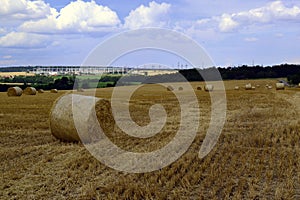 Bale of hays on meadow field on hillside