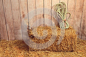 Bale of straw with rope and wood wall