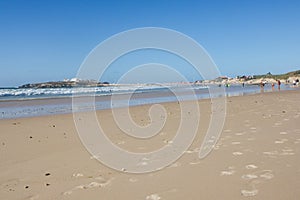 Baleal long Beach in low tide and Baleal village (Peniche, Portugal) in the afternoon