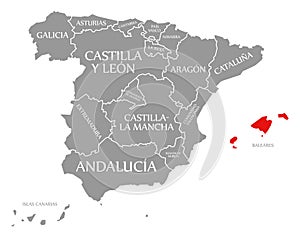 Baleares red highlighted in map of Spain photo