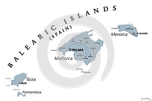 Balearic Islands, gray map, Mallorca, Ibiza, Menorca, Formentera