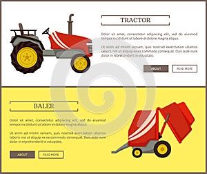 Baler and Tractor Machines Set Vector Illustration