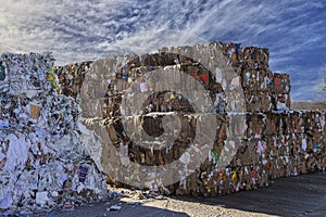 Bales of cardboard and box board. Waste paper for Recycling. Background of paper textures, Paper garbage at the