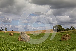 Bales of hay in the country side with dark summer skies.