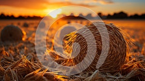Bales of hay in a golden wheat field landscape shot during sunrise or sunset. AI Generated