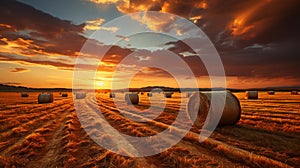 Bales of hay in a golden wheat field landscape shot during sunrise or sunset. AI Generated.