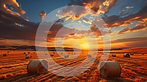 Bales of hay in a golden wheat field landscape shot during sunrise or sunset. AI Generated.