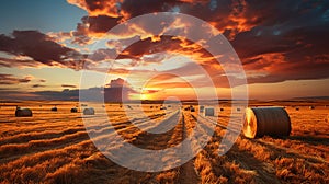 Bales of hay in a golden wheat field landscape shot during sunrise or sunset. AI Generated.