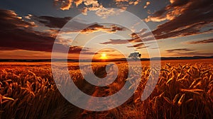 Bales of hay in a golden wheat field landscape shot during sunrise or sunset. AI Generated.