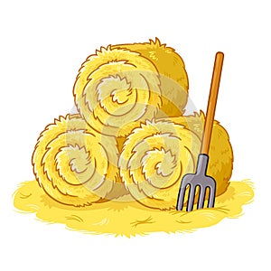 Bales with hay and pitchforks on a white background. Vector illustration in cartoon style