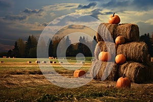 bales of hay stacked in a field, pumpkins nearby