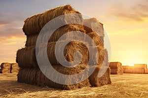 Bales of hay stacked on top of each other in countryside. Harvest on farm fields. Haymaking from grass grown for fodder.