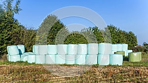 Bales of straw wrapped in plastic