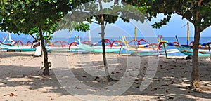 Bali Fishing Boats Panorama at Sanur, Indonesia.