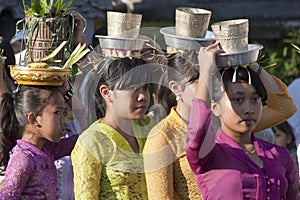 BALI, INDONESIA-JUL 6TH: Balinese girls carry offerings to the t