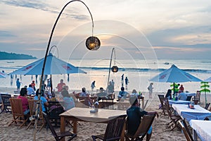Sea food restaurants on Jimbaran beach in Bali, Indonesia