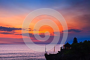 Bali landmarks: Balinese hindu temple Tanah Lot at sunset. Bali, Indonesia