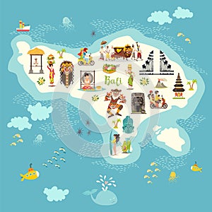 Bali map vector. Illustrated map of Bali for children/kid.