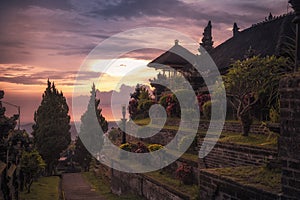 Bali Pura Besakih temple from high viewpoint on horizon during sunset as Bali travel lifestyle