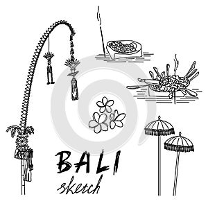 Bali sketch. Penjor for Galungan, ceremonial umbrellas, ceremonial box, frangipani.