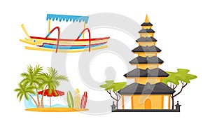 Bali Symbols and Landmarks with Boat, Beach with Surfboard and Pagoda Vector Set