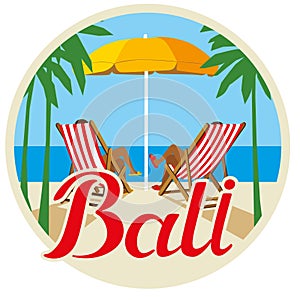 Bali tourist sticker. Sun beds and umbrella on the beach